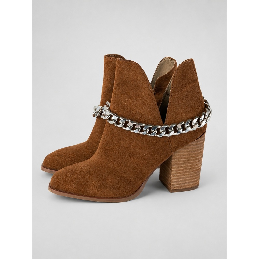 Steve Madden Ankle Boots Women 7.5 Brown Suede Chain Square Toe Block Heel
